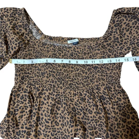 American Eagle Outfitters Brown Leopard Off-Shoulder Smocked Peplum Top - Picture 4 of 7